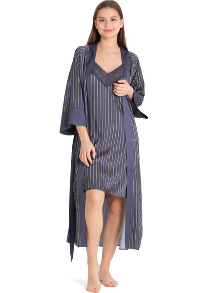 U&me Line Saten Gecelik Sabahlık Takımı Lacivert