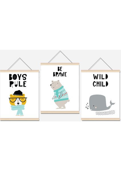 Kopya - Sevimli Hayvanlar Ip Askılı Çocuk Odası Kanvas Poster Tablo Duvar Dekoru (3'Lü Set)