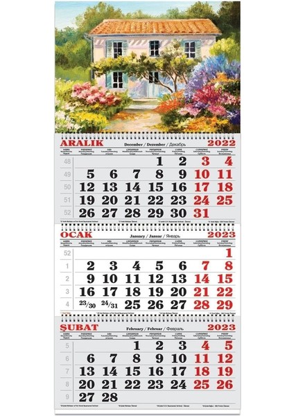 2023 Yılı 33X86 cm Spiralli Jumbo Gemici Takvimi 3 Aylık Çiçekli Evler