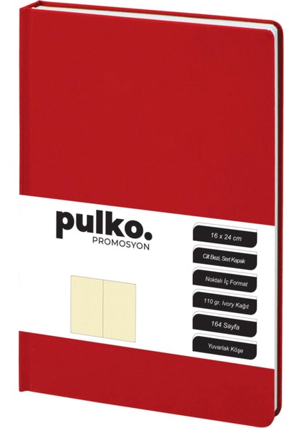 Pulko Promosyon Not Defteri, 110GR Kağıt, (16X24CM), Cilt Bezi, 164 Sayfa, Noktalı, 043, Kırmızı