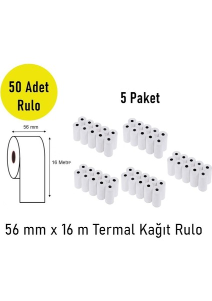 56X16 Termal Pos & Yazarkasa Kağıdı 5 Paket (50 Rulo)