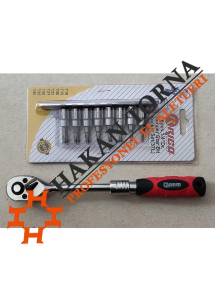 1/4 Uzatmalı Lokma Cırcır Kolu ve Rico 1/4 Lokmalı Torx Bits Takımı Seti