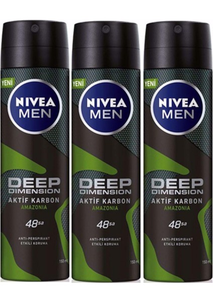 Men Deep Dimension Aktif Karbon Amazonia Erkek Deodorant 150 ml x 3