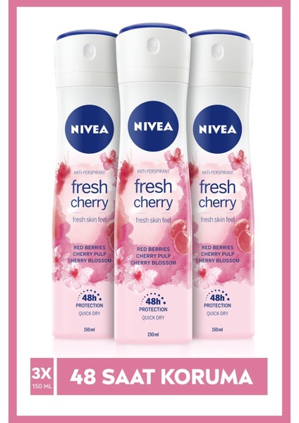 Kadın Sprey Deodorant Fresh Cherry, 48 Saat Anti-Perspirant Koruma, 150 ml X3 Adet,