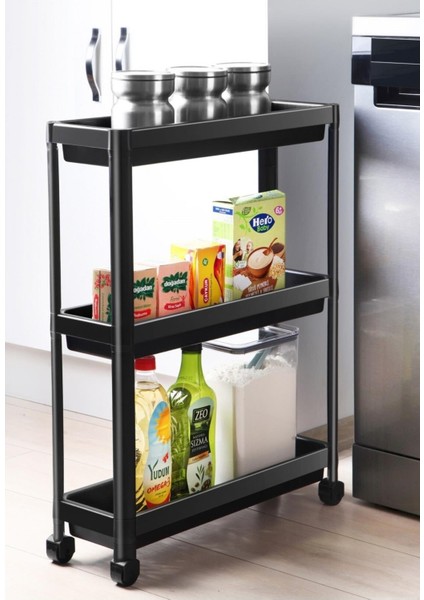 (Siyah)Tekerlekli Dikdörtgen 3 Katlı Raf Ünitesi - Banyo Mutfak Düzenleyici Organizer