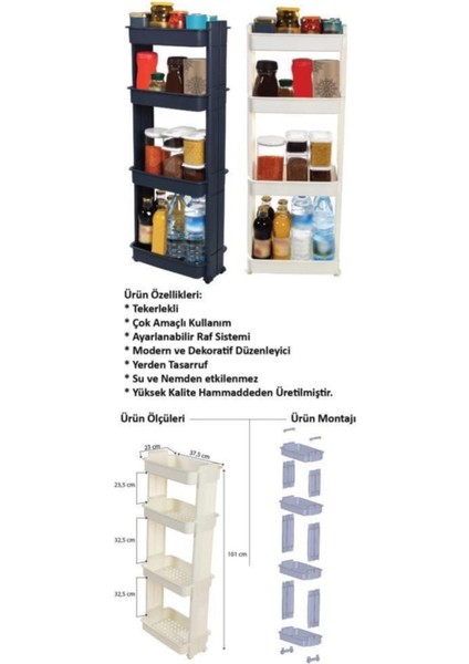 Çok Amaçlı Tekerlekli Raf Banyo Rafı Mutfak Rafı Mr-04
