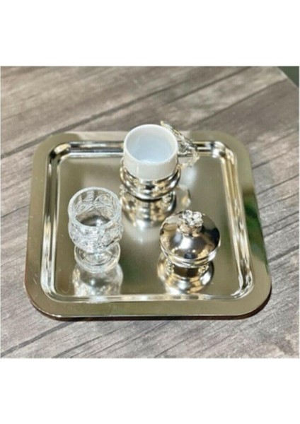6'Lı Lü x Kare Paslanmaz Çelik Gümüş Renk 21 x 21 cm Kahve Servis Sunum Tepsisi&Tabağı