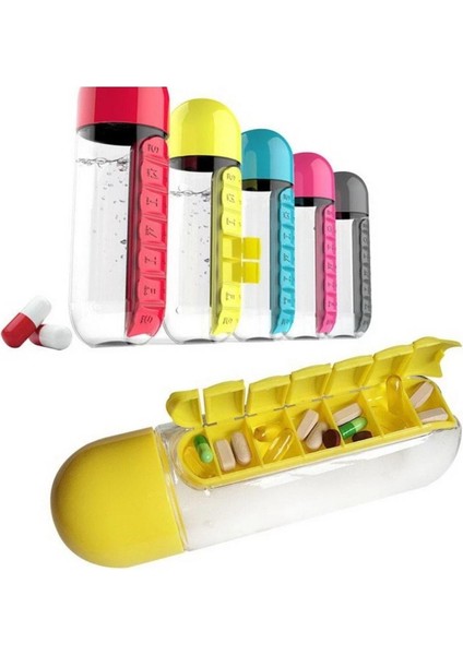 Aee Renkli Ilaç Kutulu Matara Suluk 600 ml Dahili 7 Günlük Ilaç Organizer Su Şişesi Sarı