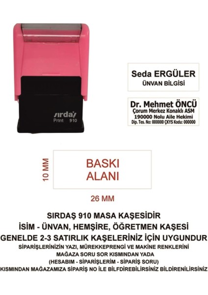 910 Isim Ünvan Kaşesi - Neon Pembe Kaşe, Siyah Mürekkepli