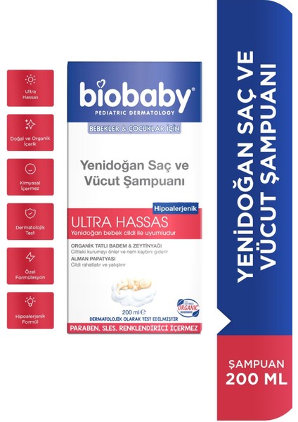 Yenidoğan Saç ve Vücut Şampuanı 200 ml - Alman Papatyası, Organik Tatlı Badem Yağı, Zeytinyağı