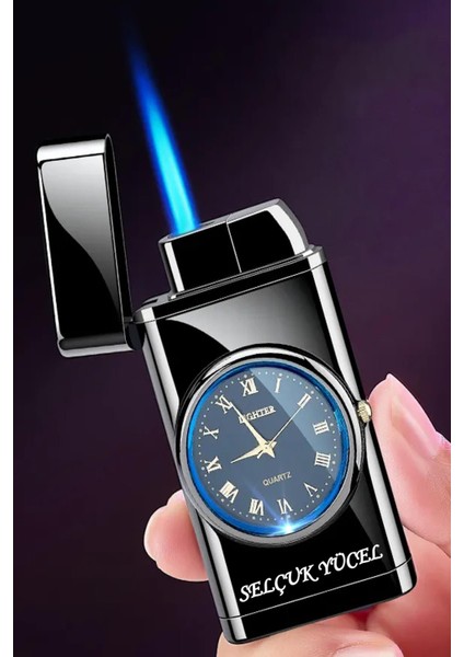 Kişiye Özel Isim Baskılı Saatli Çakmak, LED Işıklı Saat Göstergeli Turbo Çakmak, Parlak Siyah Çakmak