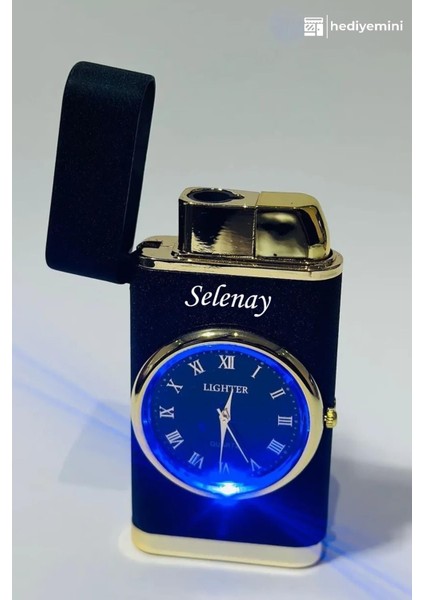 Kişiye Özel Isim Baskılı Saatli Çakmak, LED Işıklı Saat Göstergeli Turbo Çakmak, Parlak Siyah Çakmak modelleri