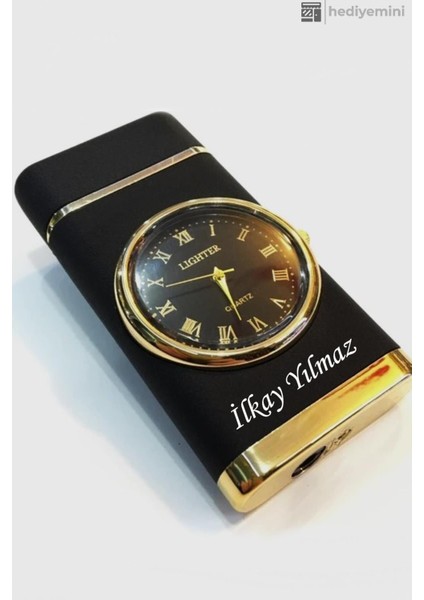 Kişiye Özel Isim Baskılı Saatli Çakmak, LED Işıklı Saat Göstergeli Turbo Çakmak, Parlak Siyah Çakmak fırsatları