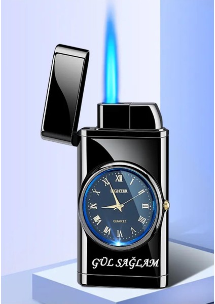 Kişiye Özel Isim Baskılı Saatli Çakmak, LED Işıklı Saat Göstergeli Turbo Çakmak, Parlak Siyah Çakmak indirimleri