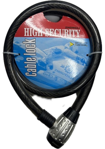 Motosiklet Kilidi Güçlendirilmiş Halat Kilit 25X1500MM (Işıklı Anahtarlı) Siyah Renk