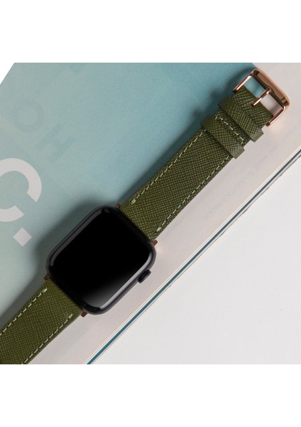 Apple Watch 42MM 44MM 45MM 49MM 3 / 4 / 5 / 6 / se / 7 / 8 / 9 / Ultra / Ultra 2 Deri Kordon Haki Yeşil