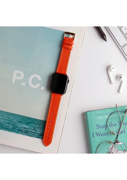Apple Watch Kordon 42MM 44MM 45MM 49MM 3 / 4 / 5 / 6 / se / 7 / 8 / 9 / Ultra / Ultra 2 Deri Kordon Turuncu