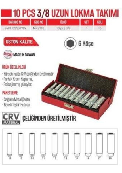 Baytec Bay-Tec 10 Pcs 3/8 Uzun Lokma Takımı (MK2710)