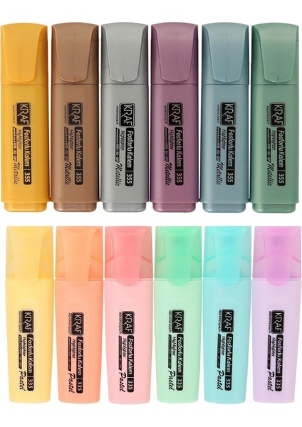 Fosforlu Kalem Seti 12 Renk 6 Metalik 6 Pastel Ergonomik Uç 2-4 mm