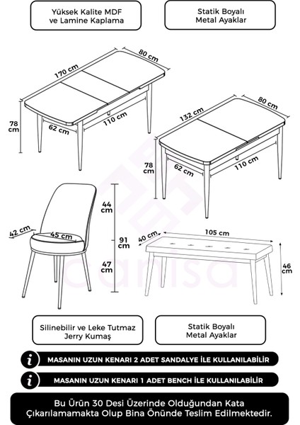 Concept Zen Serisi Bench'li 80 x 132 cm Açılabilir Mdf Mutfak Masası Takımı Siyah Mermer Desen