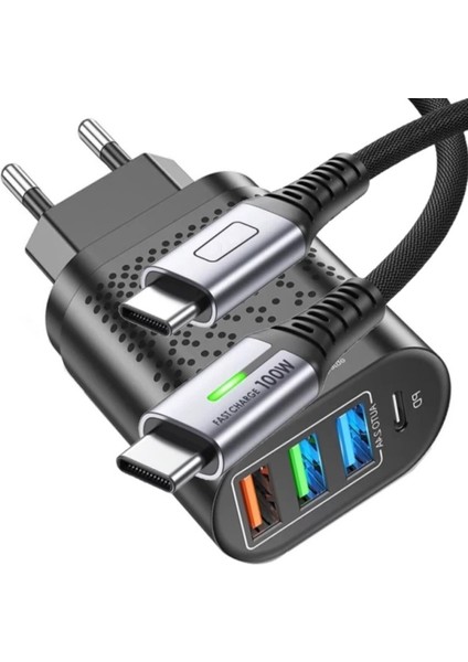C5 Type-C+3 Usb Port Şarj Adaptörü + C1 Type-C To Type-C 5A/100W Şarj ve Data Kablosu -2mt