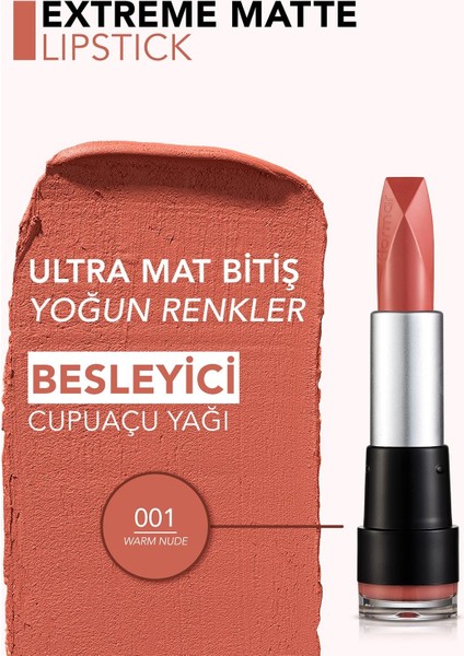 Yoğun Pigmentli Ultra Mat Ruj (Sıcak Tonlu Nude) - Extreme Matte Lipstick - 001 - 8690604394890 indirimleri