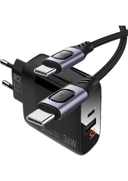 C7 (Type-C)+Micro Usb Girişli Şarj Adaptörü-36W + C7 Type-C To Type-C 5A/100W Şarj Kablosu -2mt