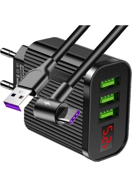 A9 Led Göstergeli Çoklu Şarj Adaptörü + J8 Type-C 90 Derece 5A/100 Şarj Kablosu -2mt