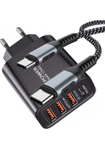 C6 Type-C+3 Usb Port Şarj Adaptörü + C6 Type-C To Type-C 5A/100W Şarj ve Data Kablosu -2mt