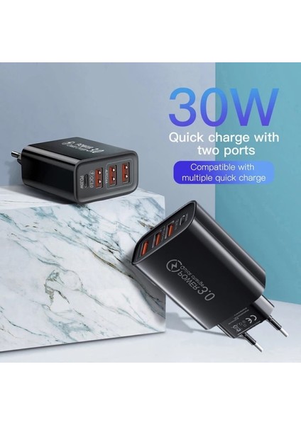 C6 Type-C+3 Usb Port Şarj Adaptörü + C6 Type-C To Type-C 5A/100W Şarj ve Data Kablosu -2mt