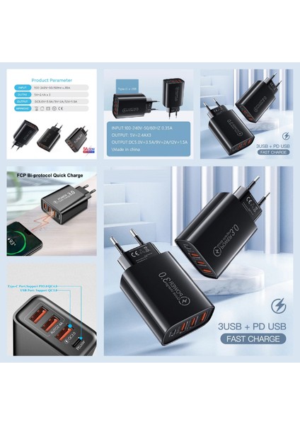 C6 Type-C+3 Usb Port Şarj Adaptörü + C6 Type-C To Type-C 5A/100W Şarj ve Data Kablosu -2mt