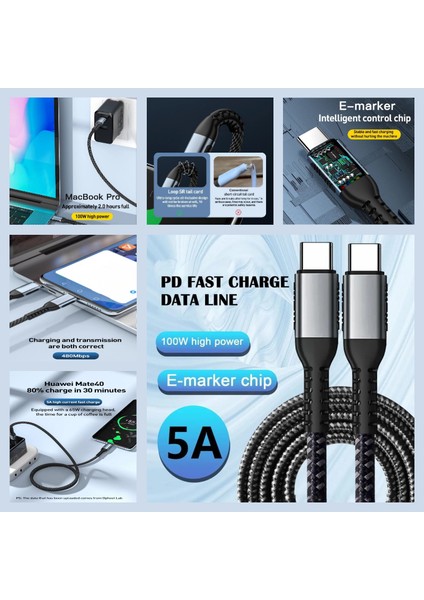 C6 Type-C+3 Usb Port Şarj Adaptörü + C6 Type-C To Type-C 5A/100W Şarj ve Data Kablosu -2mt