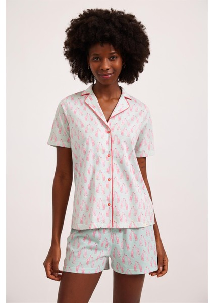 Fun Giraffe Düğmeli Kadın Pijama Üst Yeşil