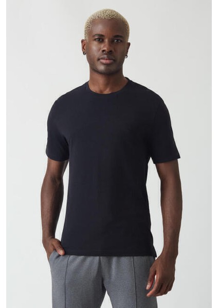 Erkek İpek Apreli Basic Bisiklet Yaka T-Shirt SIYAH TS22Y22011_D99