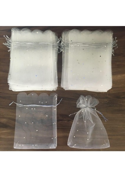 Yücetül 25’li Kırık Beyaz Tül Kese Organze Pullu Çerez Kesesi 12X14 cm (25 Adet)