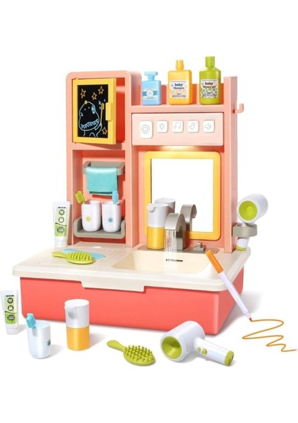 Periyedi Pembe Modern Banyo Lavabo Set - Müzikli Işıklı Eğitici Lavabo Oyuncak - Öğretici Gelişim Oyuncağı