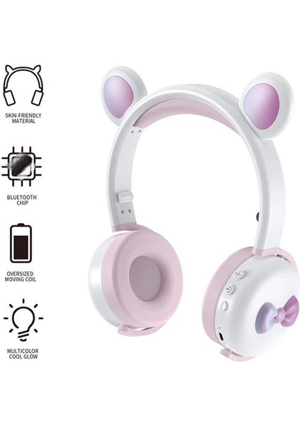 Bk7 Sevimli Bear Bluetooth Kulaklık LED Açık Beyaz Pembe (Yurt Dışından)