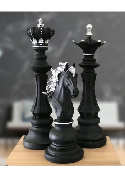 Semart Dizayn Üçlü Satranç Seti Heykeli Şah Vezir At Dekoratif Siyah Krom Biblo
