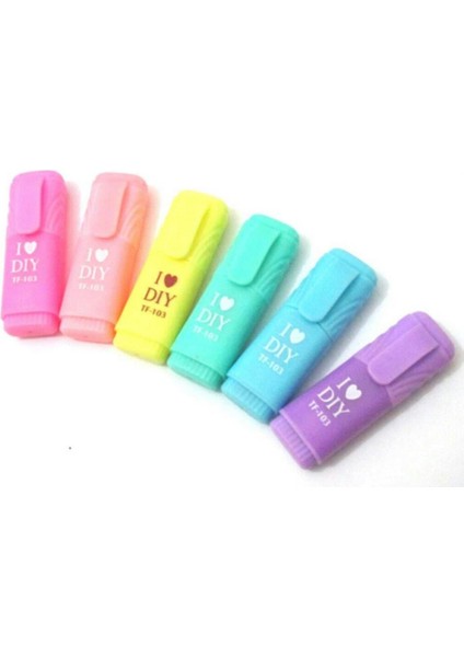 Fosforlu Kalem I Love Dıy Mottolu 6'lı Mini Fosforlu Kalem Seti-Pastel Renkler Fpsforlu Kalem 6 Lı I Love
