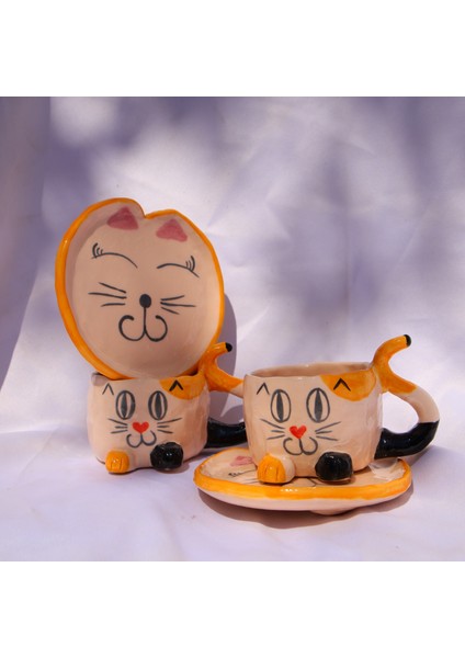 El Yapımı Kedi Desenli Seramik Türk Kahvesi Fincan Seti modelleri