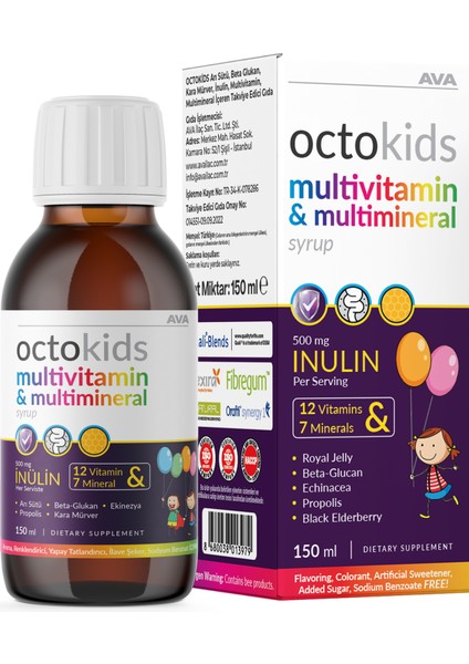 Octokids Inülin, Propolis ,arı Sütü, Kara Mürver, Ekinezya, Betaglukan (12 Vitamin & 7 Mineral) 150 ml Şurup