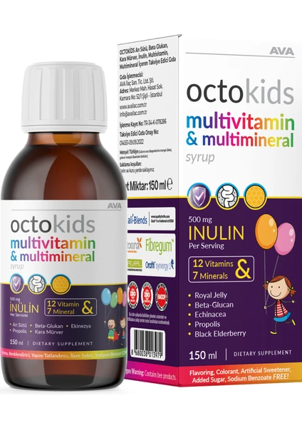 Octokids Inülin, Propolis ,arı Sütü, Kara Mürver, Ekinezya, Betaglukan (12 Vitamin & 7 Mineral) 150 ml Şurup