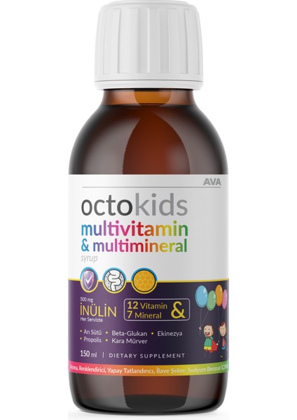 Octokids Inülin, Propolis ,arı Sütü, Kara Mürver, Ekinezya, Betaglukan (12 Vitamin & 7 Mineral) 150 ml Şurup