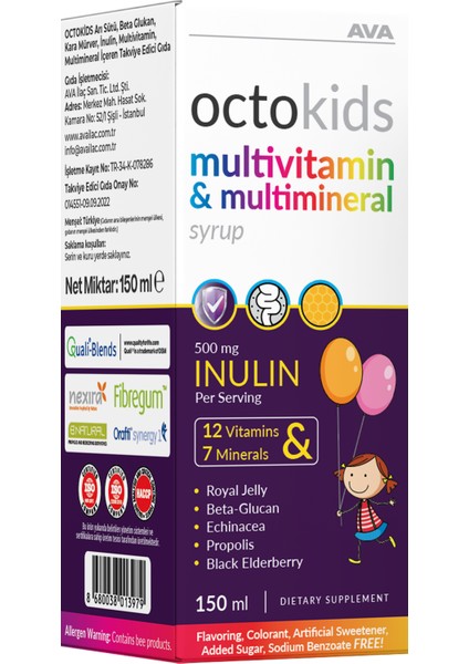 Octokids Inülin, Propolis ,arı Sütü, Kara Mürver, Ekinezya, Betaglukan (12 Vitamin & 7 Mineral) 150 ml Şurup