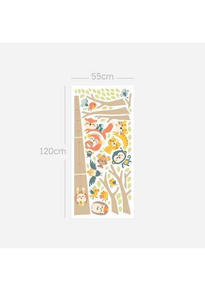 Ağaç ve Orman Hayvanları Sticker Boy Cetveli, Bebek, Çocuk Boy Ölçer, Duvar Dekorasyonu