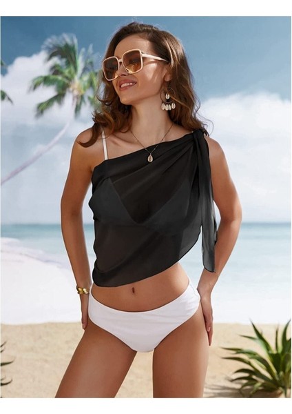 Siyah Pareo Kadın Plaj Elbisesi Bikini Mayo Üstü