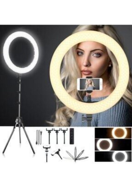 Ring Light 18 Inç Youtuber Tiktok LED Işıklı 3 Telefon Tutucu Makyaj Işığı 2.1 M Tripod Ring Light