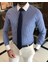 Italyan Stil Slim Fit Çizgili Erkek Kravat Yaka Gömlek Mavi T9222 1