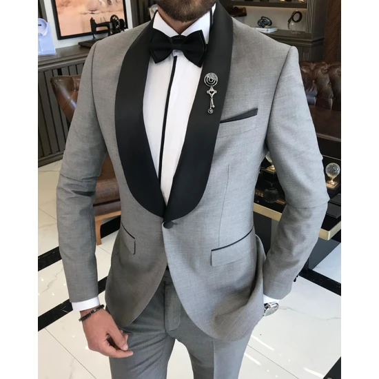 Terzi Adem Italyan Kesim Slim Fit Şal Yaka Ceket Pantolon Damatlık Set Gri T9179