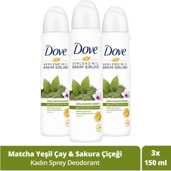Dove Kadın Sprey Deodorant Canlandırıcı Bakım Matcha Yeşil Çay ve Sakura Çiçeği 150 ml X3 Adet